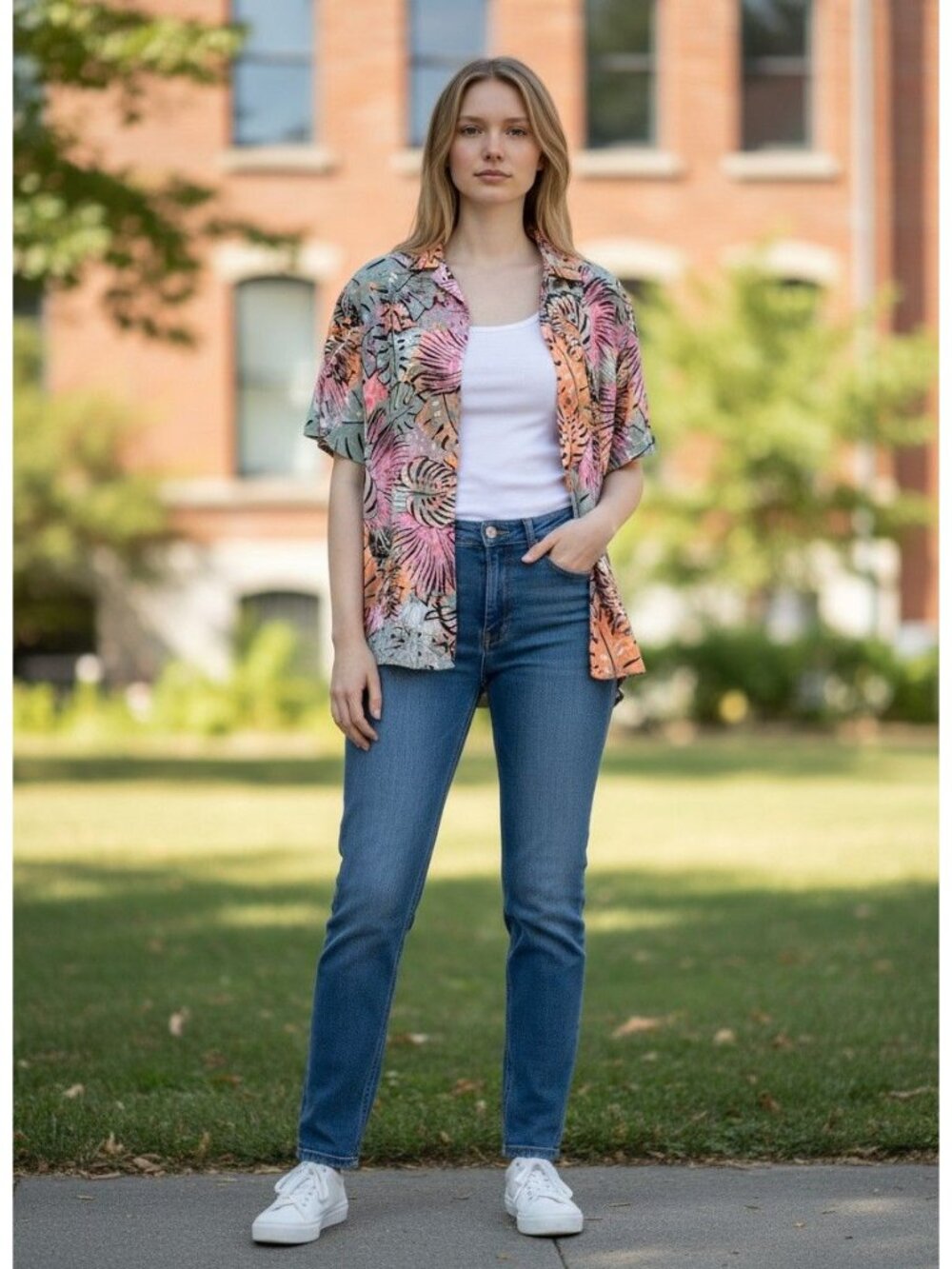 Donkenny Womens Tropical Print Button-Up Short-Sleeve Shirt XL Vintage Polyester